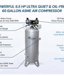 CALIFORNIA AIR TOOLS 60065C Powerful 6.5 Hp Ultra Quiet & Oil-Free 60 Gallon ASME Air Compressor﻿